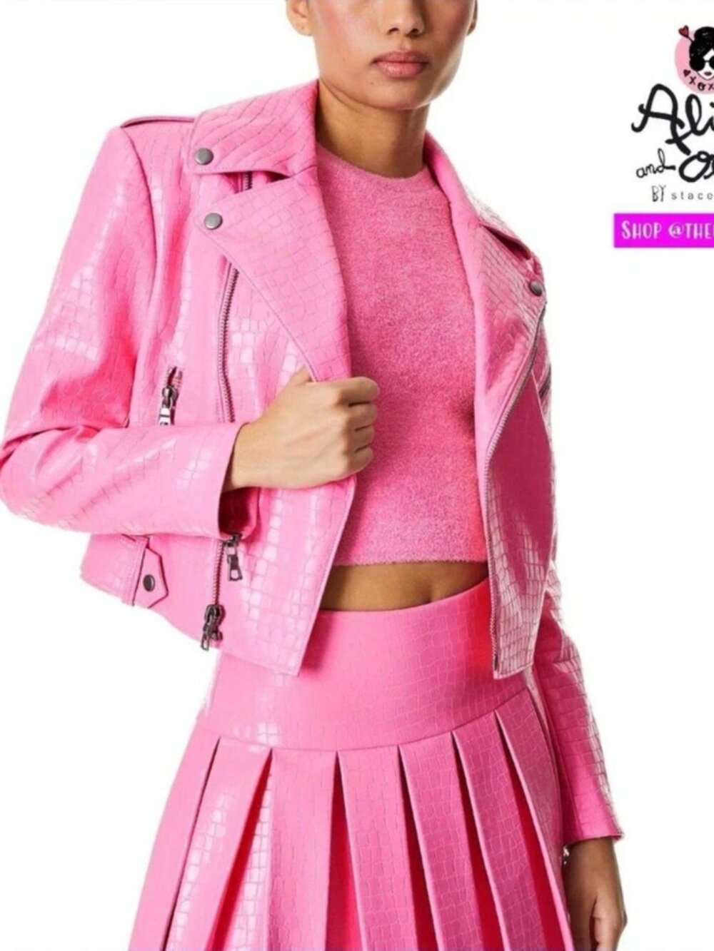 Alice + Olivia Cody Pink Vegan Leather Croc Cropped Moto Jacket SIZE S